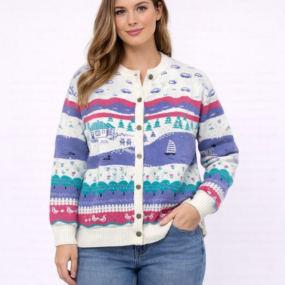Northern Reflections Sweaters - Vintage 90s Northern Reflections Pink Purple Duck Lake Nature Scene Cardigan XL